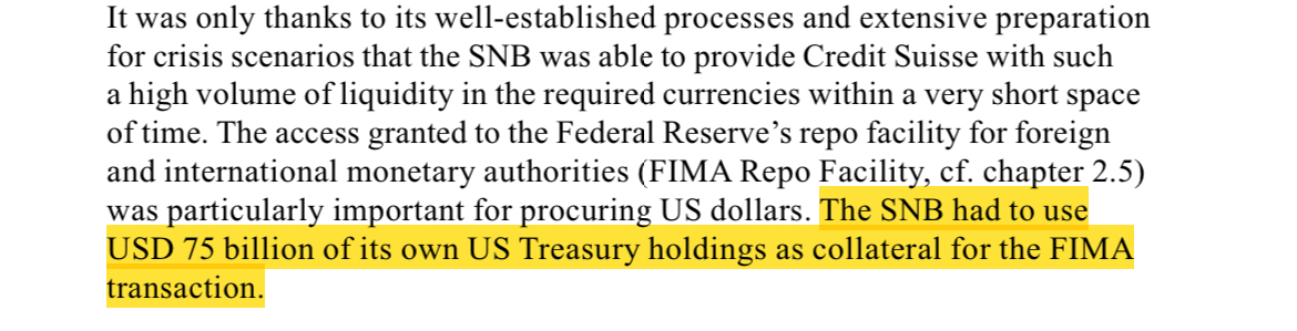 Now we have confirmation from the SNB itself: it drew on the Fed's FIMA facility to provide FX to Credit Suisse. Here's something: the SNB—which drew $60 billion from the facility—says it had to post $75 billion of Treasury collateral. ??