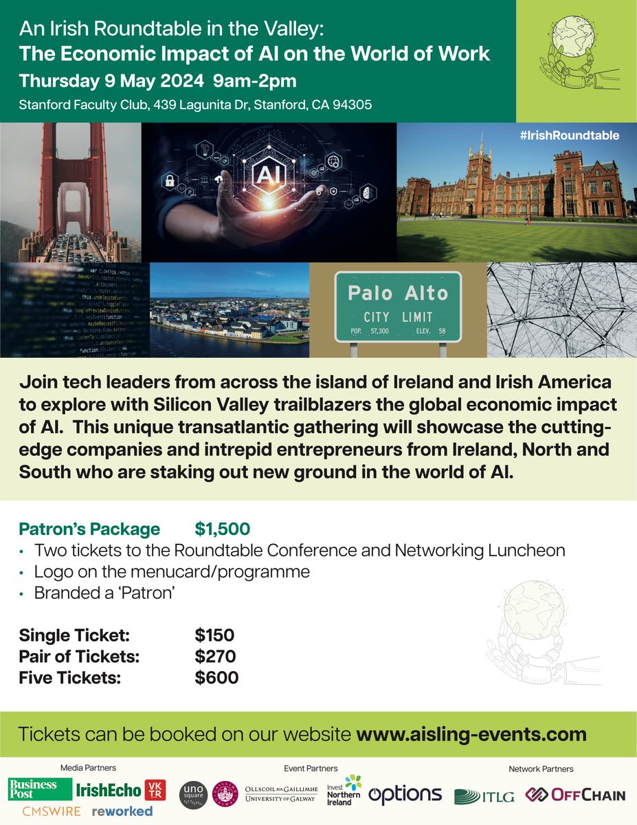 We're hosting the 1st ever Irish AI roundtable in Stanford University on 9 May. This gathering will build a sustainable transatlantic business bridge between tech leaders at home & the global nexus of genius, funding & research when it comes to AI: Silicon Valley & San Francisco