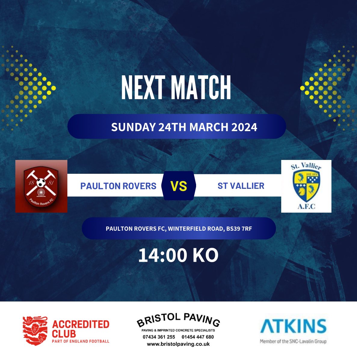 This Sunday we travel to @paultonroverslfc !
The first of the sides back to back fixtures against each other in the league. 

Get down and support the ladies ☺️ 

Thanks to our sponsors @bristolpavingltd for their continued support of the club! 

#utv 💙💛⚽️