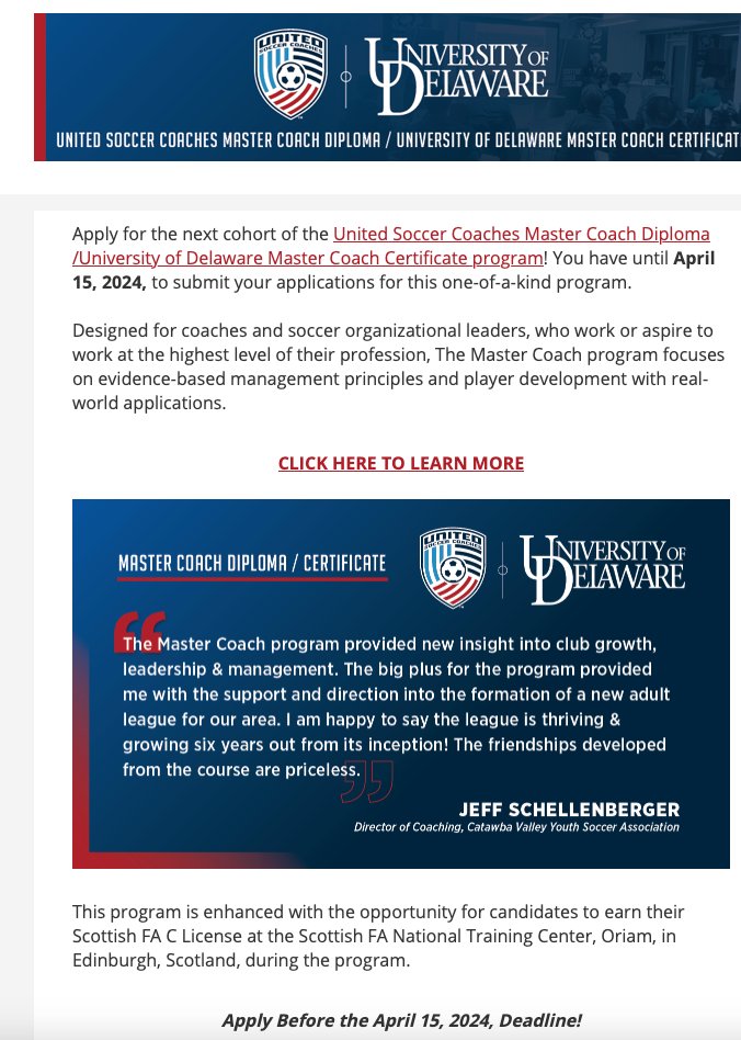 This was a fantastic program, great tutors, outstanding experience in Scotland. Highly valuable content + connections to worldwide coaching community, including the opportunity to enter the UEFA licensing pathway. More information: sites.udel.edu/mastercoach/ @UnitedCoaches…