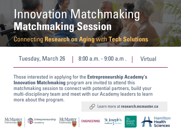 The Innovation Matchmaking program provides an equivalent of $75K in prep-funding for investable ventures focused on aging health challenges & tech solutions. Join us for a virtual matchmaking session on March 26 to connect & develop applications. 🔗: ow.ly/nkBb50QYMGl