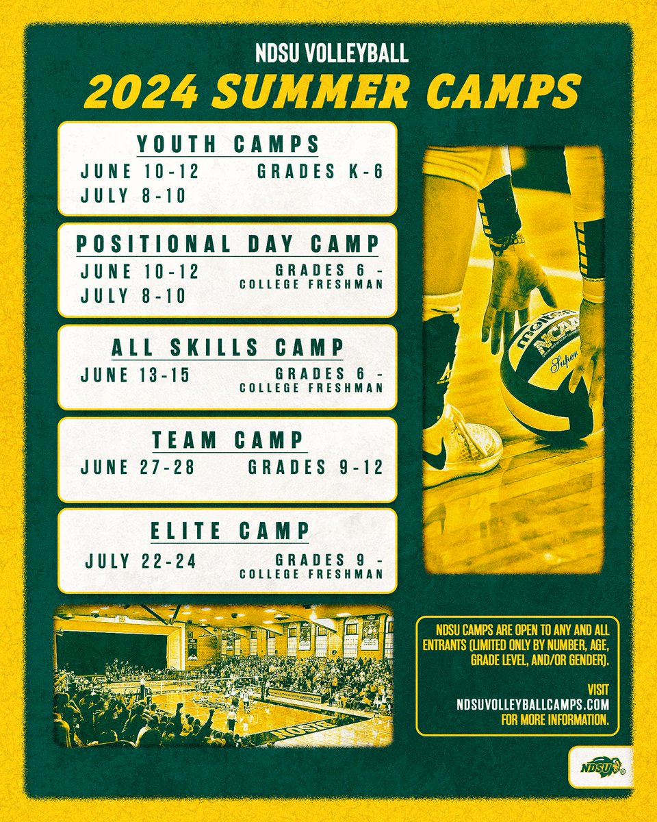 Take a look at our NDSU 🏐 Summer Camps that we offer for all ages, and are geared towards a variety of different areas of development! They will be here in no time, so don't forget to mark these on your calendar and register today! ndsuvolleyballcamps.com