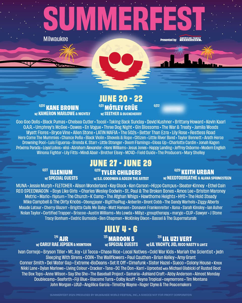 The Summerfest lineup is here and VERY History of Alternative friendly: including @ginblossoms @googoodolls @TBSOfficial @betterthanezra @ModernEnglish @anberlin @theholdsteady @SisterHazelband @TheDandyWarhols @LivingColour @TheBandCracker among others. Thoughts? <3 @laurenoneil