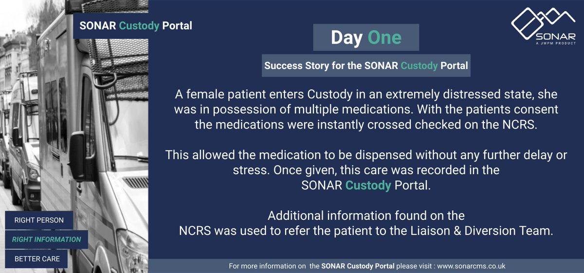 A small-scale insight into how the SONAR Custody Portal is already supporting custody staff and detainees to ensure safe and efficient care.

The Custody Portal aims to ensure referrals and onward care is accessible and managed correctly.

#CRG #JWPM #SONAR