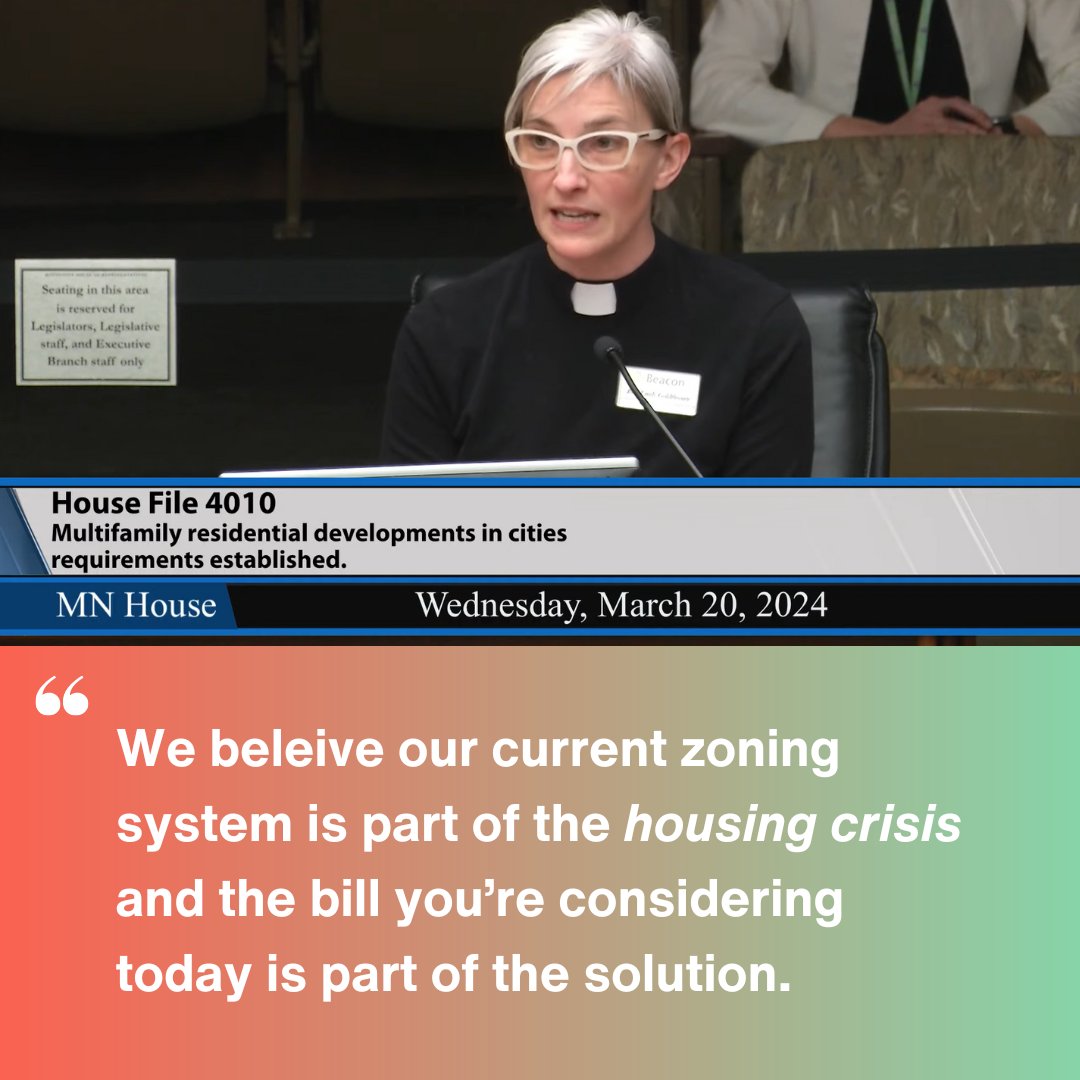 Beacon’s Director of Congregational Organizing, Rev. Emily Goldthwaite, testified on behalf of the multifamily zoning bill in St. Paul yesterday.
Skip ahead to minute 35:50 on the video in the link: youtube.com/watch?v=WJSkvY…