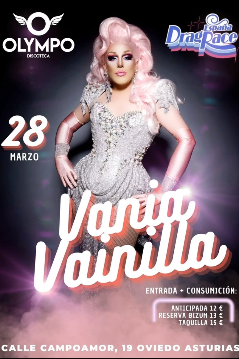 El jueves estara la gran @Vania_vainillaa  en  Discoteca Olympo por si aun no tienen entradas no digan que no hacemos cosas guay en Asturias. 🤍