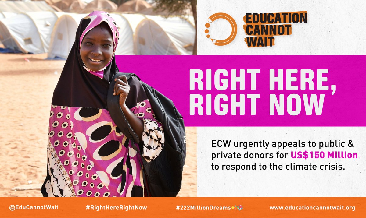 The #ClimateCrisis threatens everyone, but for children impacted by armed conflict, forced displacement & other protracted crises, needs are even more dire. @EduCannotWait appeals for $150M to scale🆙#ECW's response to #ClimateChange! #RightHereRightNow➡️bit.ly/ECWClimate