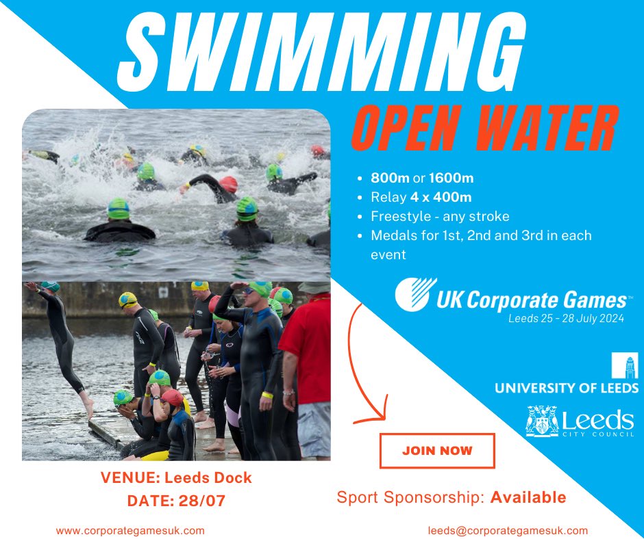UK Corporate Games (@corpgamesuk) on Twitter photo Open water swimming is returning to the Games programme this year!
๐ 800m or 1600m
๐๐ปโโ๏ธ 4 x 400m relay
๐๐ปโโ๏ธ Freestyle - Any stroke
For more information on event and venue โก๏ธ corporate-games.com/index.php/indiโฆ
#swimming #openwater #leeds #corporategames
<a href="/LoveOpenWaterUK/">LOVE OPEN WATER</a> <a href="/LeedsDock/">Leeds Dock</a> Open water swimming is returning to the Games programme this year!
๐ 800m or 1600m
๐๐ปโโ๏ธ 4 x 400m relay
๐๐ปโโ๏ธ Freestyle - Any stroke
For more information on event and venue โก๏ธ corporate-games.com/index.php/indiโฆ
#swimming #openwater #leeds #corporategames
<a href="/LoveOpenWaterUK/">LOVE OPEN WATER</a> <a href="/LeedsDock/">Leeds Dock</a>
