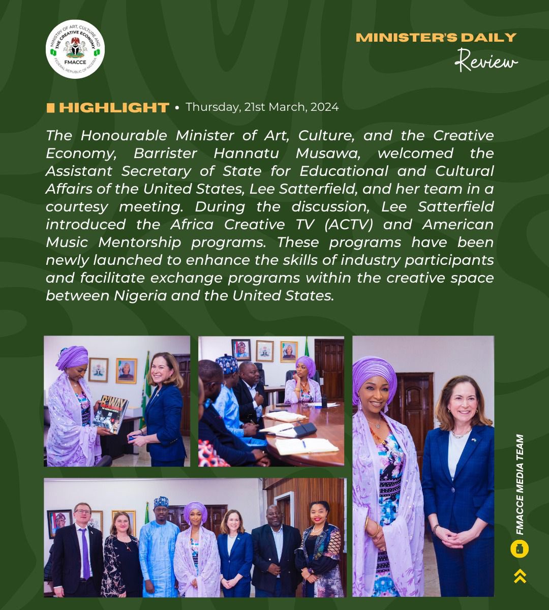 Culture exchange! 🇳🇬🇺🇸 Minister @hanneymusawa meets with US official Lee Satterfield to discuss African Creative TV & American Music programs & boosting the creative industries. #CultureConnects #FMACCENigeria