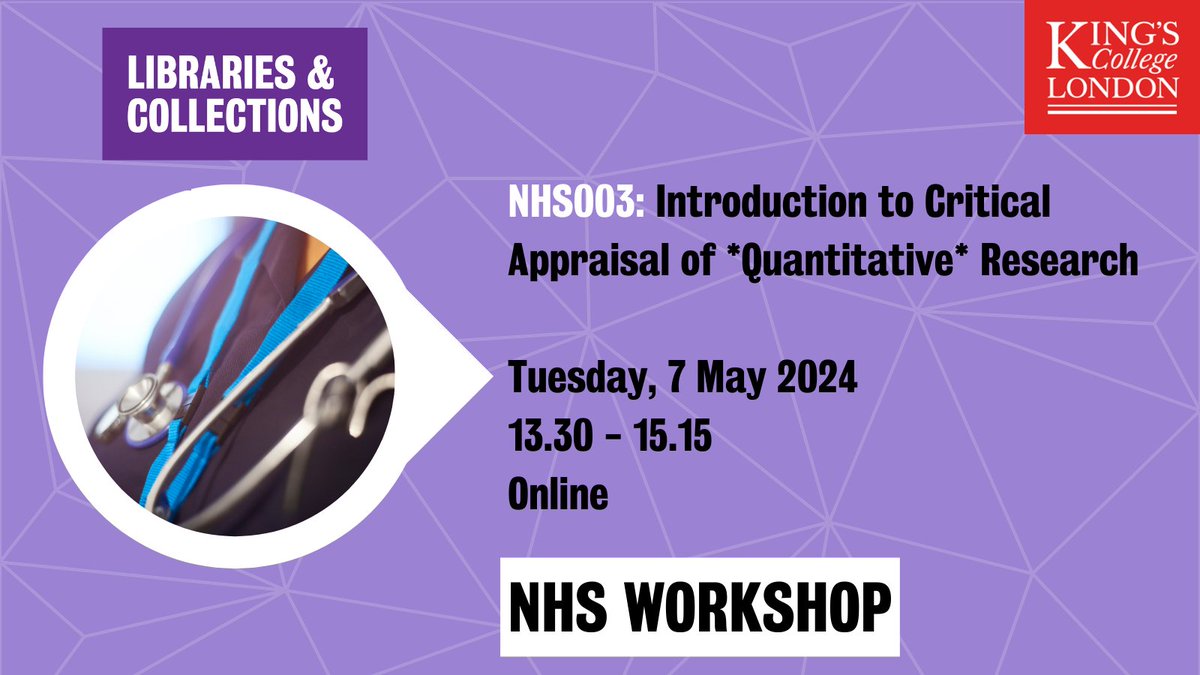 *UPCOMING NHS LIBRARY WORKSHOP* NHS003: Introduction to Critical Appraisal of *Quantitative* Research [ @KingsCollegeNHS / @GSTTnhs ] 📅 7 May 2024 / 13.30-15.15 ⚓ Online ✍️ Sign up here 👇 libcal.kcl.ac.uk/calendar/nhs