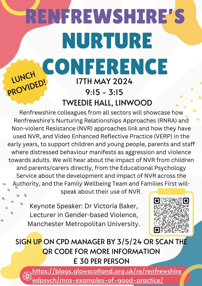 RenfrewshireEPS's tweet photo. We are excited to be hosting our second Nurture Conference on Friday 17th May 🤩Have a look at our flier for all the details, including information about this years focus, our key note speaker and how to sign up. Look forward to seeing you there! #TwitterEPs https://t.co/0d8vGknc2V