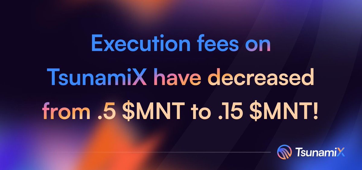 🌊 Execution fees on TsunamiX have decreased from .5 MNT to .15 MNT 🌊 Trade $BTC $ETH or $MNT with up to 30x leverage only on TsunamiX powered by @0xMantle. 🐳🌊 Earn the chance to win $MNT, $PYTH, TsunamiX points & more by participating in the protocol. 🎁