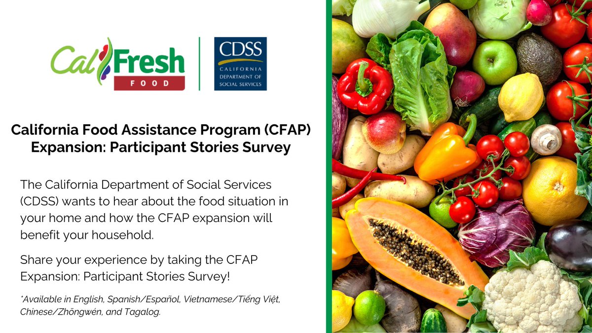 How are you managing to meet your food needs? CDSS wants to hear from you! The California Food Assistance Program (CFAP) will soon expand to provide benefits to Californians age 55 or older, regardless of immigration status. Take our survey: bit.ly/3v7qwjL