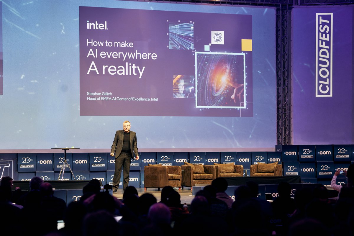 At #CloudFest2024, Stephan Gillich took the stage to unravel the details of 'Making AI Everywhere a Reality.' This is more than big dreams, it's about making #AI part of everyday life, accessible and safe for everyone, demonstrated through real examples. #AIEverywhere #Intel