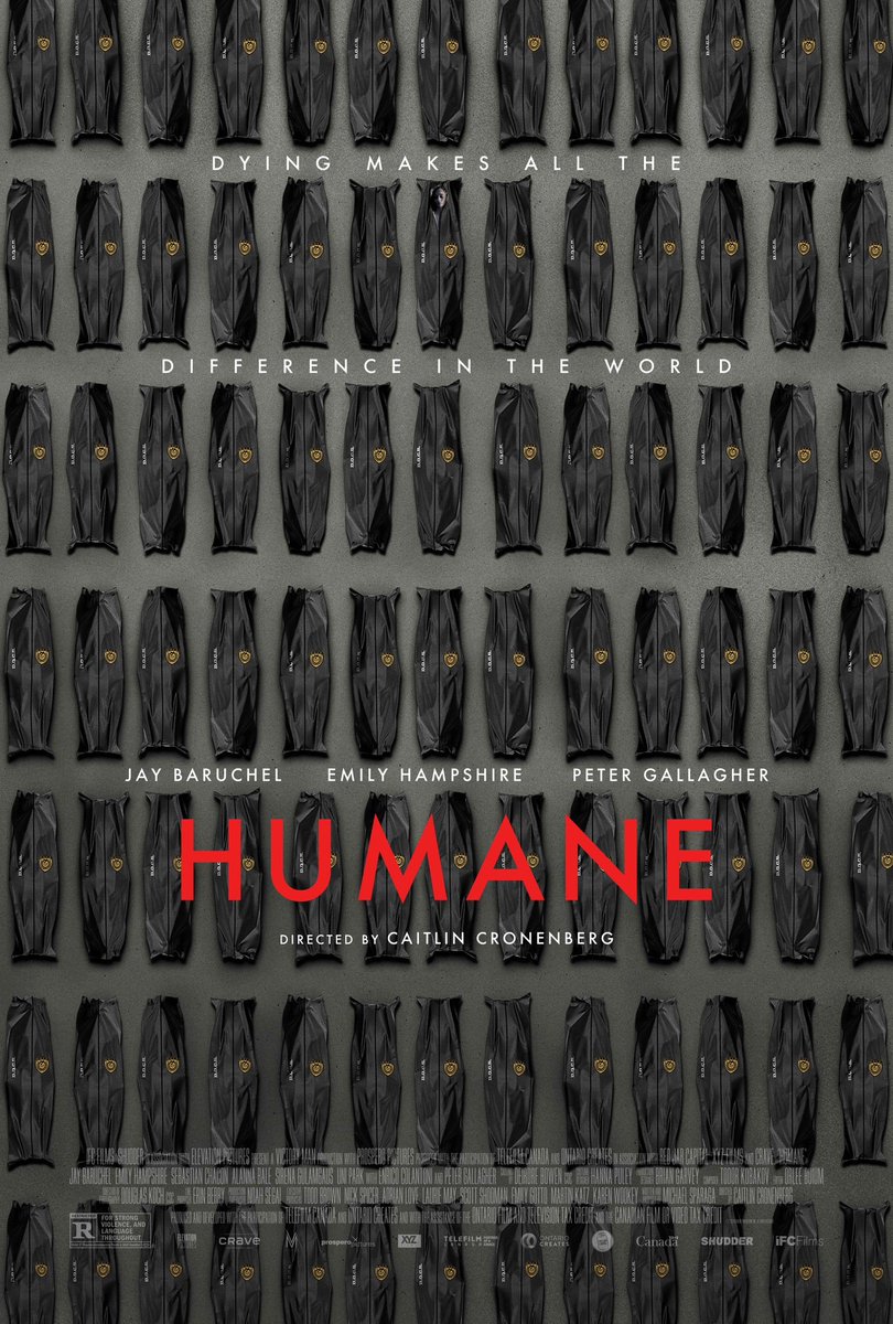 Look at the first poster for @caitcronenberg’s directorial feature debut/ horror thriller, #Humane, starring Jay Baruchel, Peter Gallagher, and Emily Hampshire, coming to theaters on April 26th!