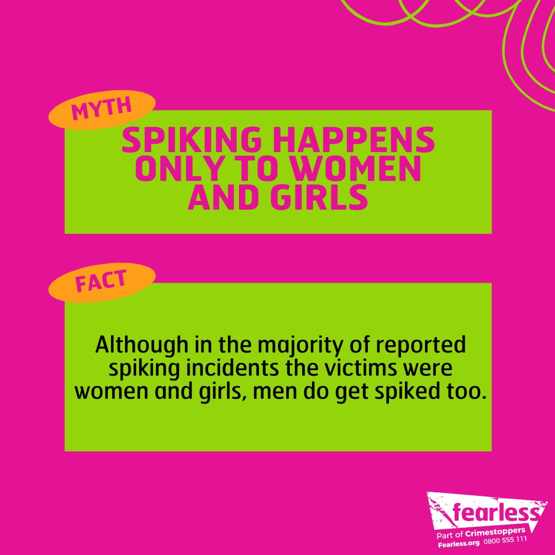 A message from our friends @FearlessORG There are many common myths about spiking. They might wrongly make you blame yourself or question whether what's happened is a crime. If you know or suspect spiking with drugs or alcohol, give information at spkl.io/60154Ltcl