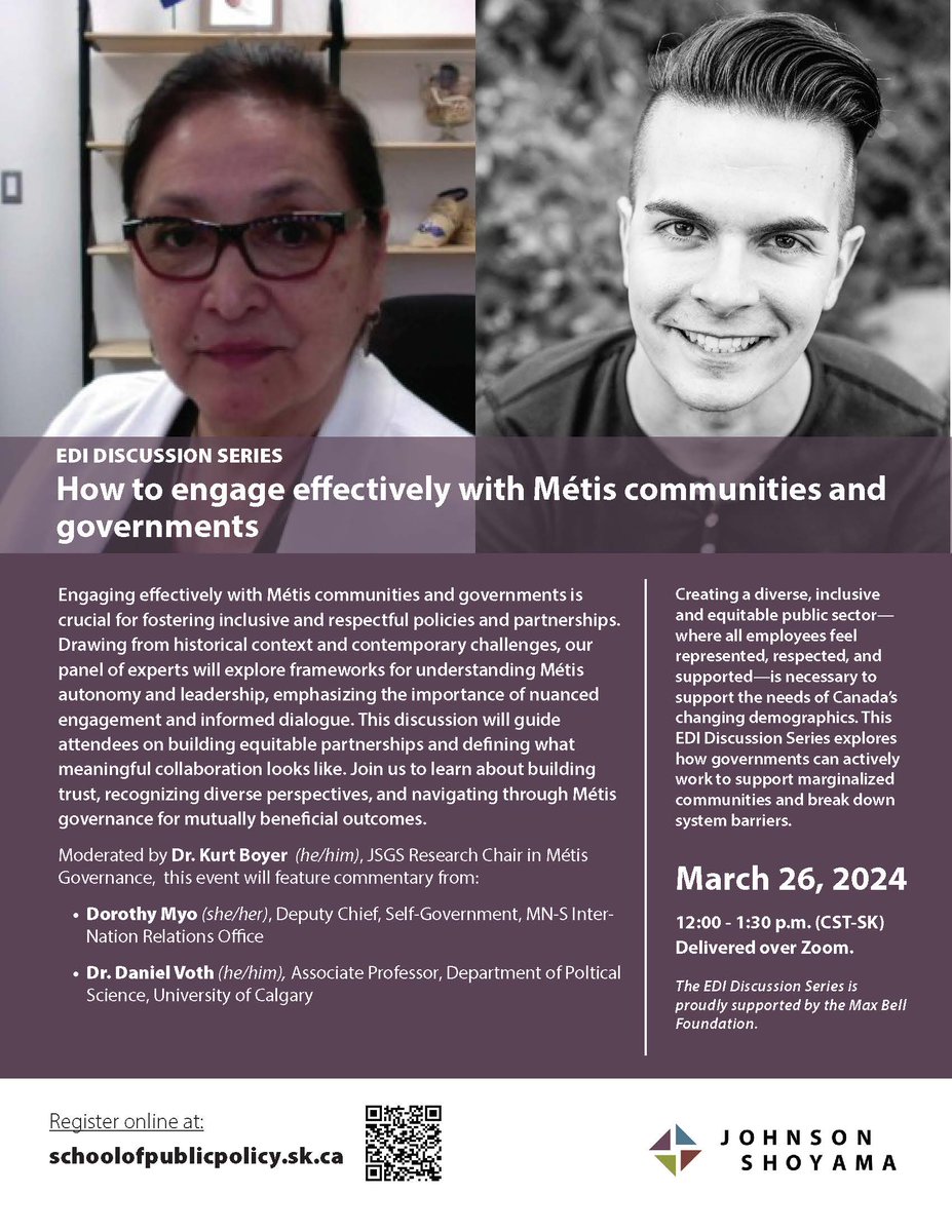 Join us on March 26 for “How to engage effectively with Métis communities and governments” – click here to register: ow.ly/sN8u50QXYtt #EDI #metis #engagement @usask @uofregina @metisnationsask @UCalgary @maxbellfdn