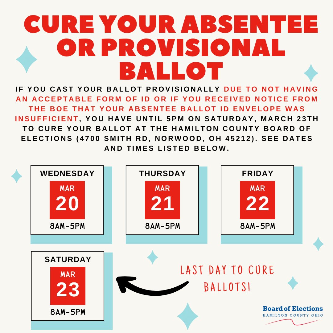 If you cast your ballot provisionally due to not having an acceptable form of ID or if you received notice from the BOE that your absentee ballot ID envelope was insufficient, you have until 5 p.m. on Saturday, March 23rd, to cure your ballot. Dates and hours are listed here.