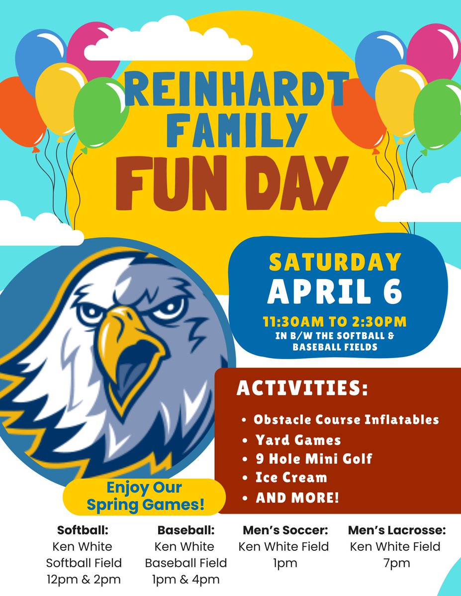 RU ready for our Reinhardt Family Fun Day? 🦅🎉 Mark your calendars for Saturday, April 6th, from 11:30 AM to 2:30 PM. All Eagles fans are invited to watch Reinhardt's impressive sports teams compete, and partake in fun activities for the whole family or with your friends!