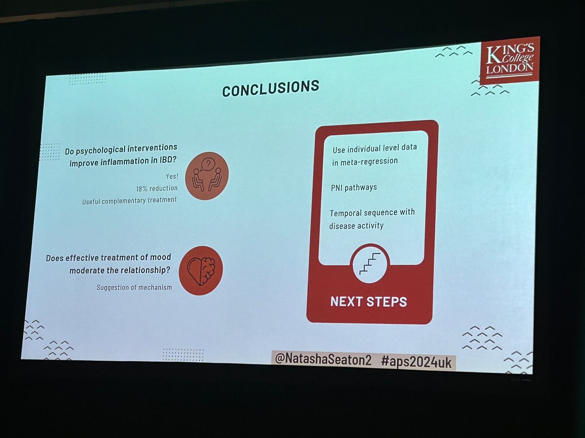 Impressive talk by @NatashaSeaton2 describing an important meta-analysis on whether interventions that improve mood change inflammatory biomarkers in IBD patients #APS2024uk