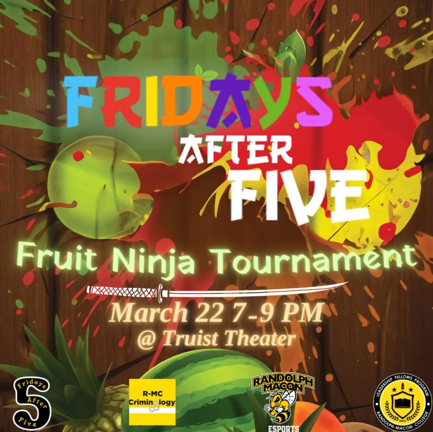 Come stop by Truist Theater tomorrow and show off your sword skills at the Fruit Ninja tournament! Friday after Five, CIA, Leadership, and the Esports program cant wait to see you there.

#RMCEsports #esports #videogames #gaming #rmc #fridaysafterfive #fruitninja #tourney