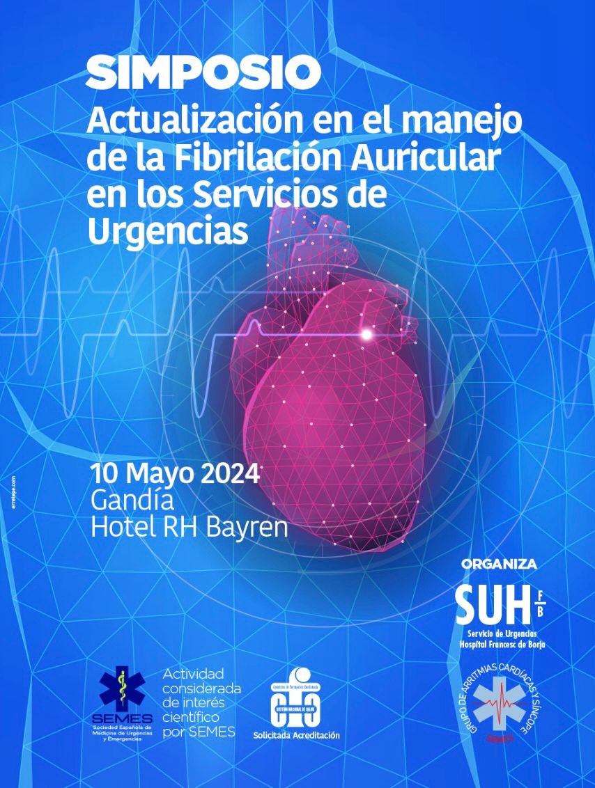 📢🫀¡Atención! El próximo 10 de mayo te esperamos en #Gandia en el Simposio de Actualización en fibrilación auricular ¡con reconocidos ponentes a nivel nacional e internacional! 😯 (1/3) ¡Aquí tienes el programa!👇#DocenciaUrgencias #FA