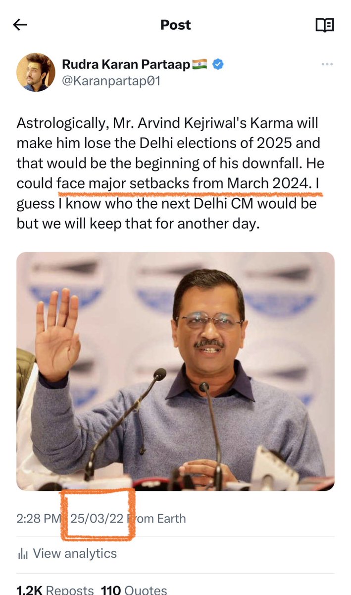 My astrological Prediction about Mr. Kejriwal's downfall in march 2022 has been validated today. Finally, Stars have their say. No individual can evade the influence of their karmic and planetary forces. #RudraKaranPartaap