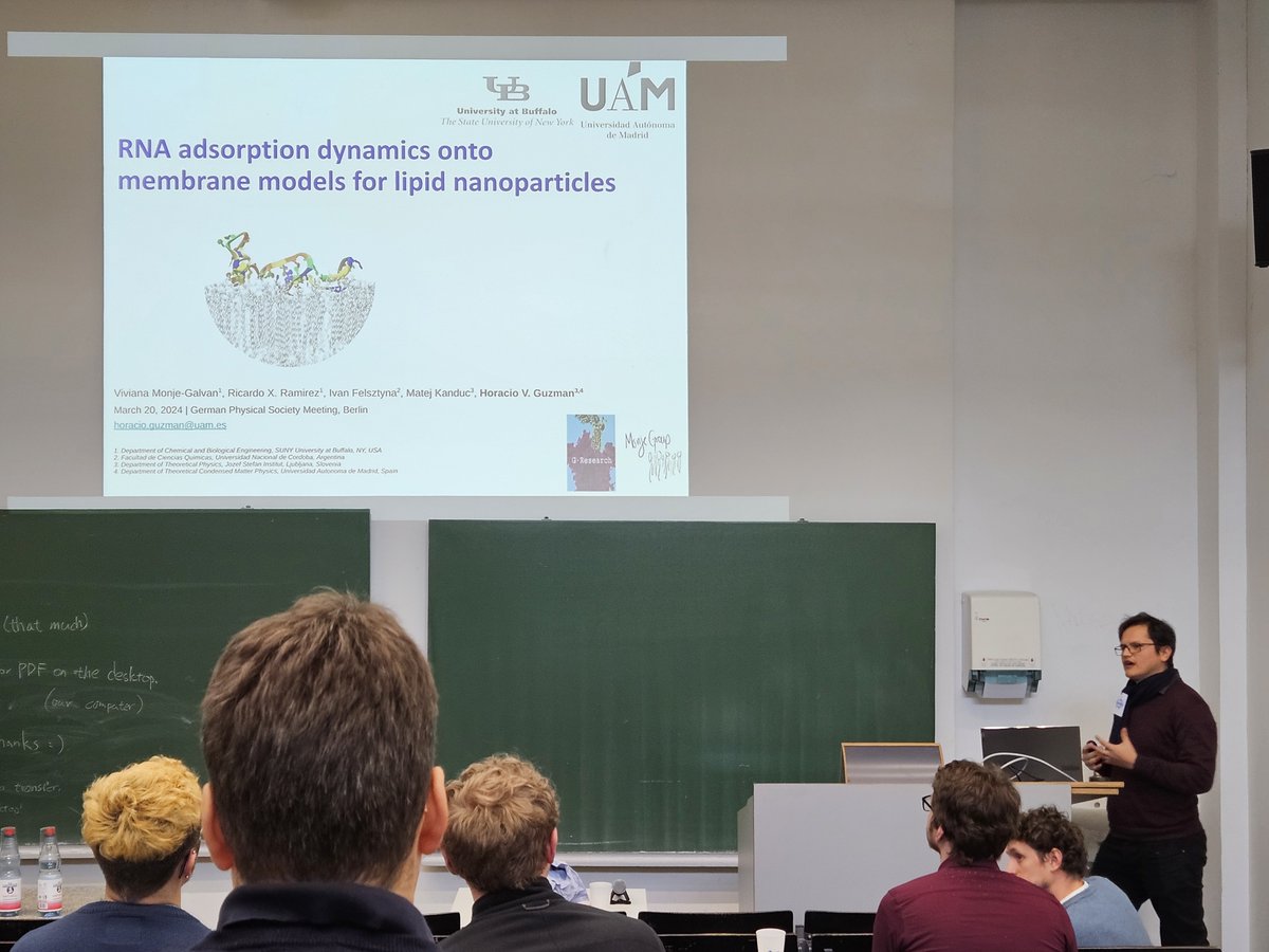 @ #DPG2024 spring meeting in the fantastic #Berlin. Yesterday, I gave a talk on RNA adsorption onto membranous surfaces, the discussion after a lipid-rich session was very active, and tackled novel challenging aspects, more to come #RNA #compchem #lipidRichDiscussions