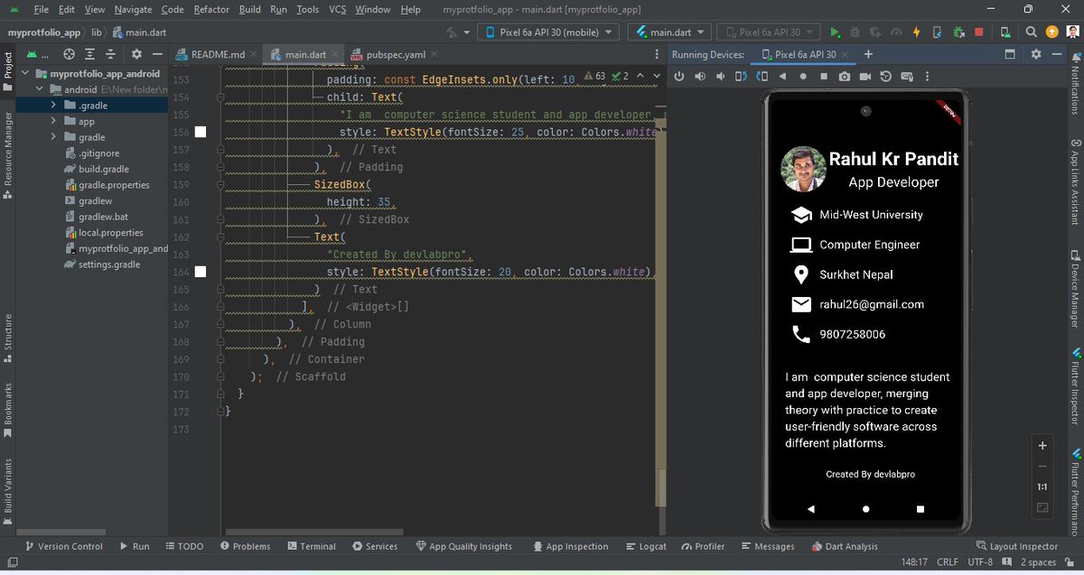 rahulpandit56's tweet image. Day 15/100 :#100DayOfCode
I created a small portfolio app today.💻💪
This project code also post on github.
github.com
#flutterappdeveloper
#letsconnect