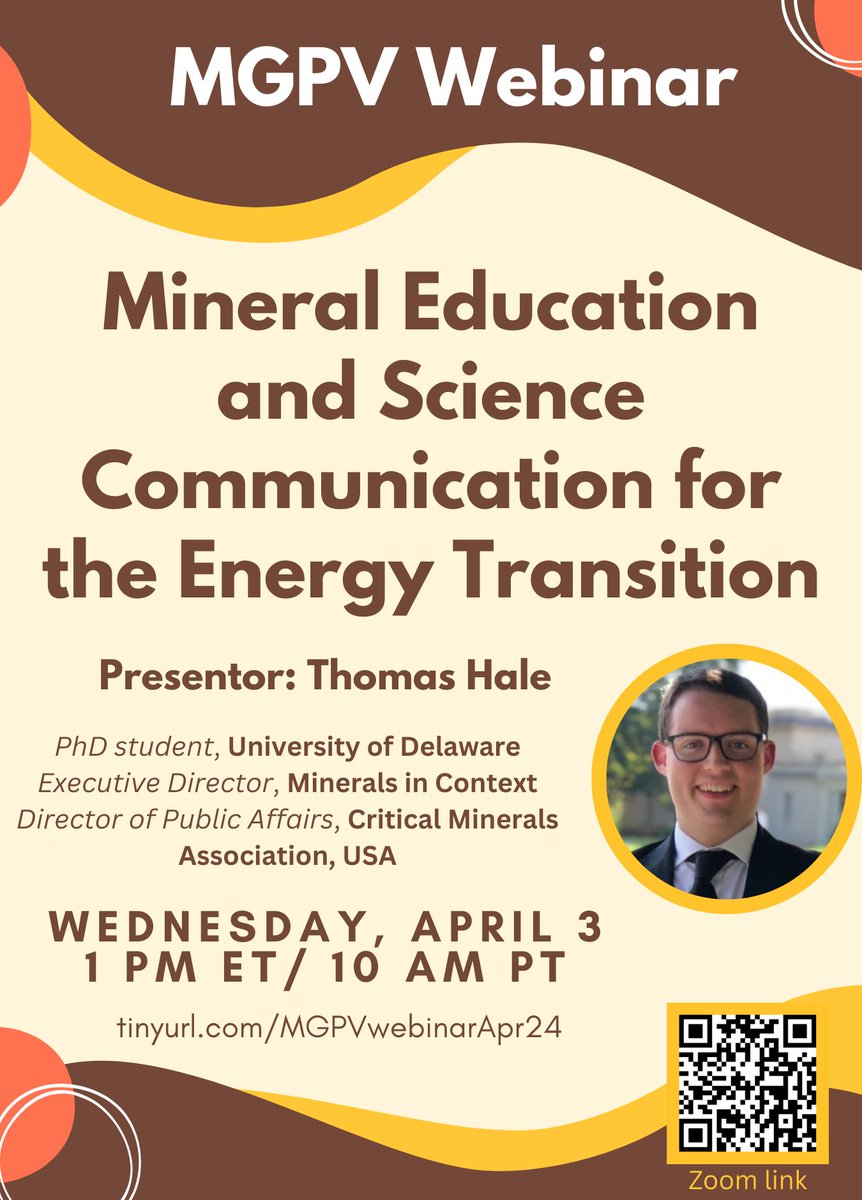 GSA's MGPV Division (@gsa_mgpv) on Twitter photo Join us on April 3 for the next MGPV webinar! Thomas Hale will give a presentation on "Mineral Education and Science Communication for the Energy Transition." ⛏️🔋
This event is open to all in the community, and we especially encourage students to attend!
<a href="/geosociety/">geosociety</a> <a href="/GSA_SAC/">GSA Student Advisory Council</a> Join us on April 3 for the next MGPV webinar! Thomas Hale will give a presentation on "Mineral Education and Science Communication for the Energy Transition." ⛏️🔋
This event is open to all in the community, and we especially encourage students to attend!
<a href="/geosociety/">geosociety</a> <a href="/GSA_SAC/">GSA Student Advisory Council</a>