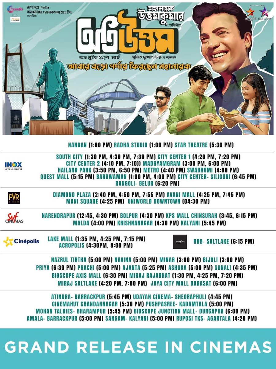 Pranabidas's tweet photo. #OtiUttam is releasing TOMORROW!
Here is the HallList
#OtiUttam #GuruAsche
#BookMyShow :
https://t.co/l8nBljQ1Su
A film by @srijitspeaketh
Starring #UttamKumar #RoshniBhattacharyya AnindyaSengupta GourabChatterjee JinaTarafder #SoniaGupta #LaboniSarkar #SubhasishMukherjee https://t.co/DGdH9Vg4i5