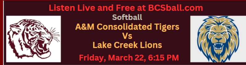 LISTEN LIVE AND FREE, Friday (3-22) at 6:15 PM on bcsball.com #ConsolidatedSoftball vs #LakeCreekSoftball. Please RePost @amc_softball @AMCHSTigerClub @AMCHypeSquad @ConsolHS @CSISDAthletics @LakeCreek_SB @LakeCreekSpirit @LakeCreekTDClub @LCsoftballHC