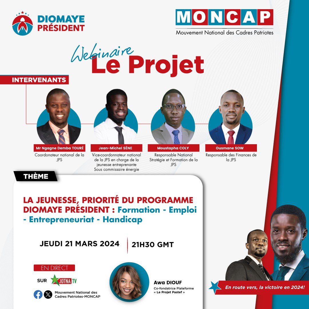 Chers compatriotes, Nous vous convions au dernier webinaire de présentation du projet Diomaye Président et qui n’est pas des moindres sur la priorité des jeunes dans le projet ce jeudi 21 mars à 21h30 GMT sur Jotna TV. Nous aurons avec nous des jeunes très brillants et…