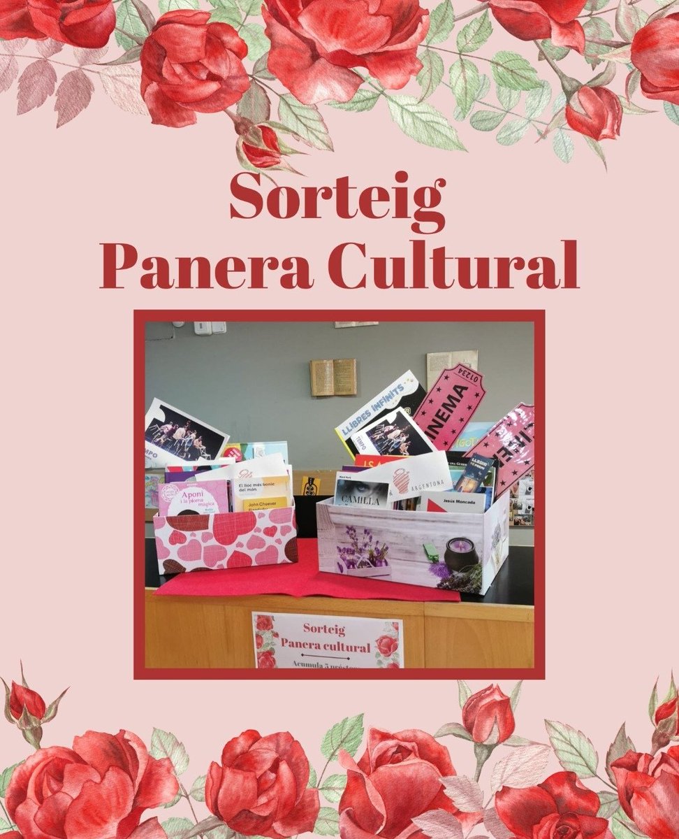 biblioArgentona's tweet photo. 🌹🌹🌹🌹
LLEGIR TÉ PREMI
Sorteig de dues Paneres Culturals entre els usuaris que acumulin 5 prestecs o més des d'avui fins el dia 22 d'abril.
Farem el sorteig el 23 d'abril.🌹📚🐲
#quèfemalesbiblios #llegim #llibres #fomentlector #paneracultural #llegirtépremi
🌹🌹🌹🌹 https://t.co/QOomFL0tTk