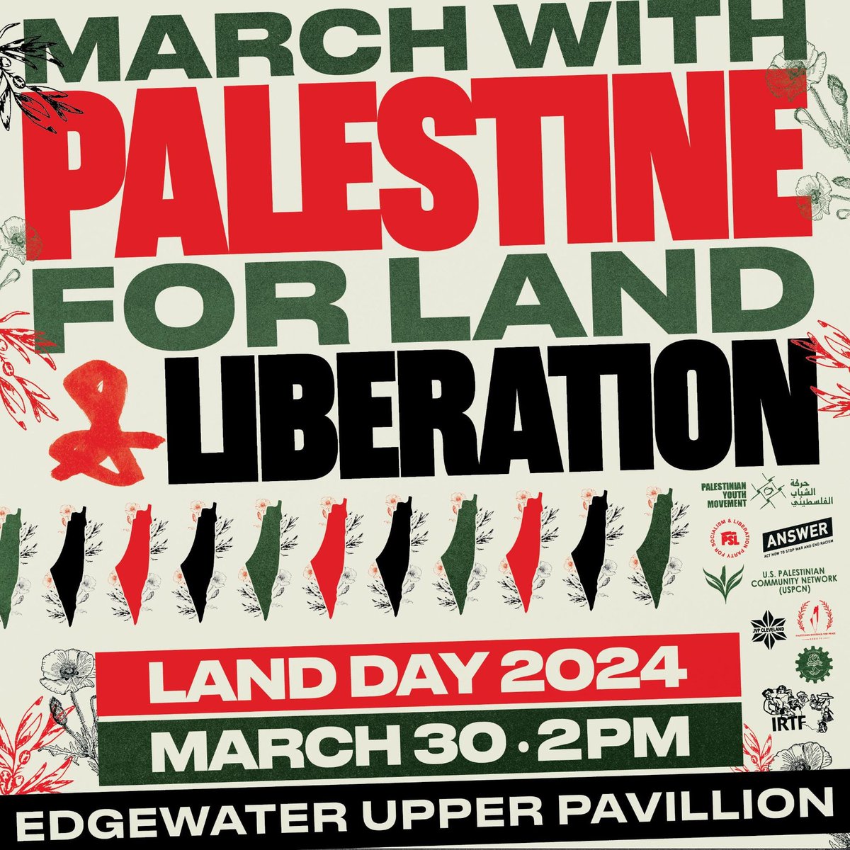 Cleveland! Join us on March 30th at 2 pm at Edgewater Upper Pavilion for a march for Land Day! We'll be gathering together with Palestinians, Jews, allies & all people of conscience to march in solidarity with Palestine. 🇵🇸🇵🇸🇵🇸 @jvplive @palyouthmvmt @pslnational @uspcn
