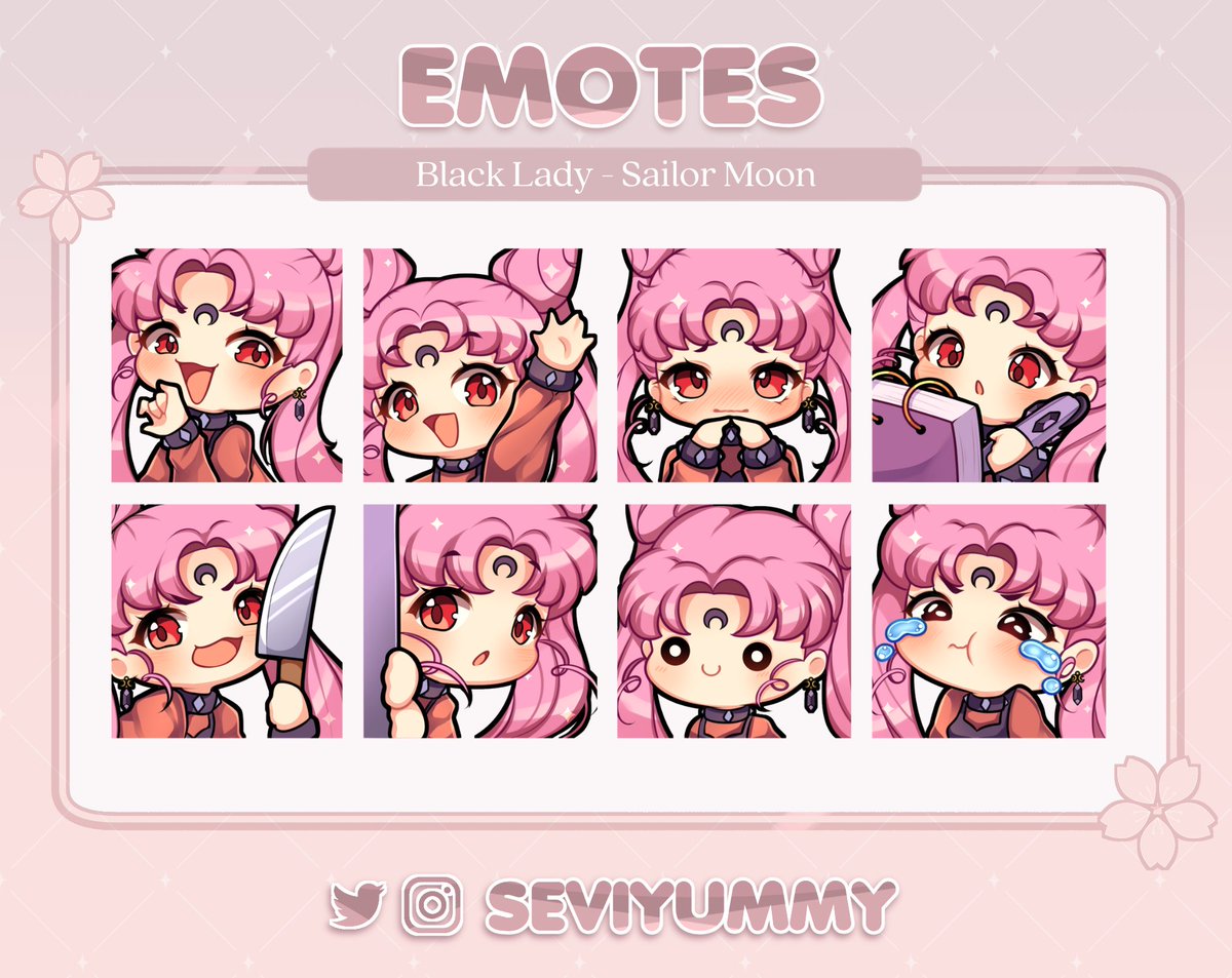 🌙Black Lady from #SailorMoon 🌙
Pre-made sets of emotes! 

🌸$10 usd the whole set 🌸

 You can get it here: 
ko-fi.com/s/11ae008a7c