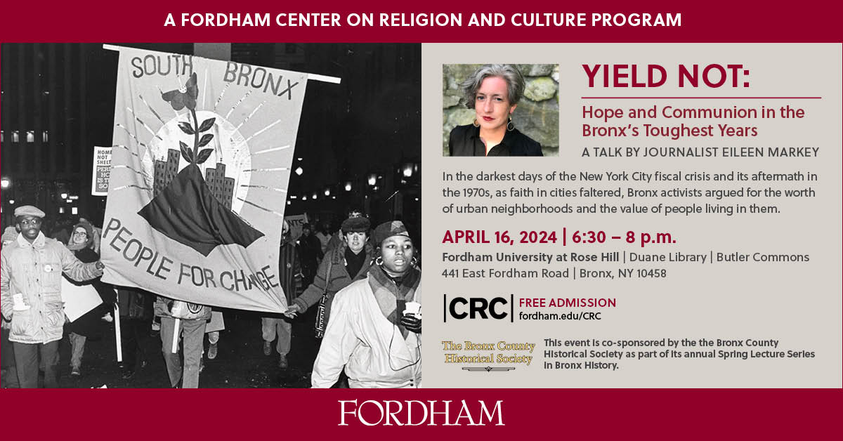 Our inaugural writer in residence Eileen Markey discusses her research on Bronx community activists in the 1970s and 1980s on Tuesday, April 16, 2024, 6:30 p.m. Co-sponsored by @BronxHistory. Full info & RSVP: forever.fordham.edu/s/1362/18/inte…