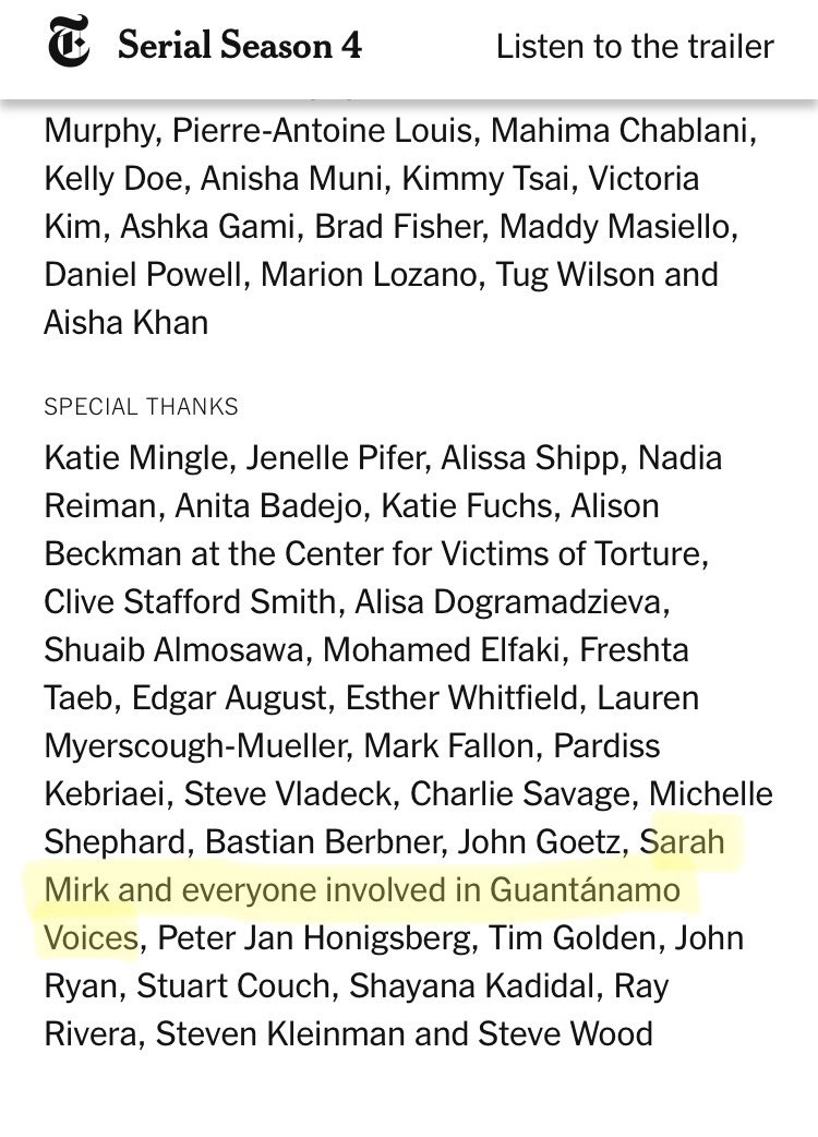 S. Mirk (@mirkwork) on Twitter photo The next season of <a href="/serial/">Serial Productions</a> is about Guantanamo. I got an alert today that they shout out Guantanamo Voices in their āspecial thanksā section. š Iām glad this horrific, ongoing crime is getting more attention. I hope the show changes Americansā understanding of Guantanamo The next season of <a href="/serial/">Serial Productions</a> is about Guantanamo. I got an alert today that they shout out Guantanamo Voices in their āspecial thanksā section. š Iām glad this horrific, ongoing crime is getting more attention. I hope the show changes Americansā understanding of Guantanamo