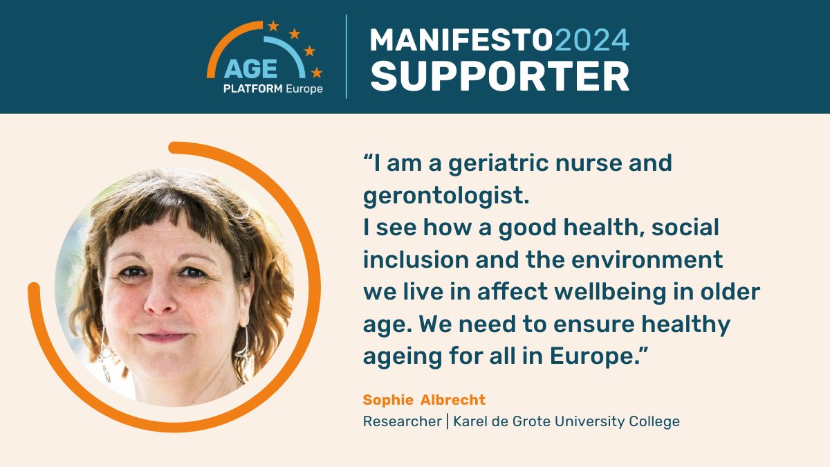 🖋️✅ Meet the Supporters of #AGEManifesto2024: Sophie Albrecht (@kdghogeschool). With expertise as a geriatric nurse and gerontologist, Sophie highlights the urgency to ensure healthy ageing across the EU. 👉Meet other supporters: bit.ly/AGEManifesto20… #euelections2024