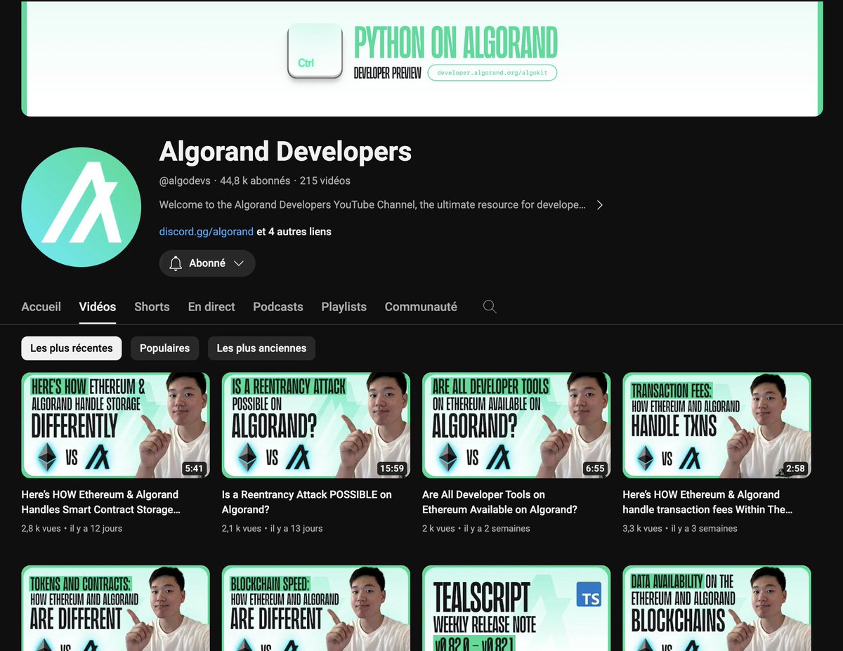 La chaîne Youtube @algodevs est juste incroyable pour les développeurs qui cherchent à en apprendre davantage sur $ALGO !

La dernière série de vidéos où @chriskim_devrel explique certaines différences entre #Algorand et #Ethereum est juste géniale ! 🔥

youtube.com/@algodevs