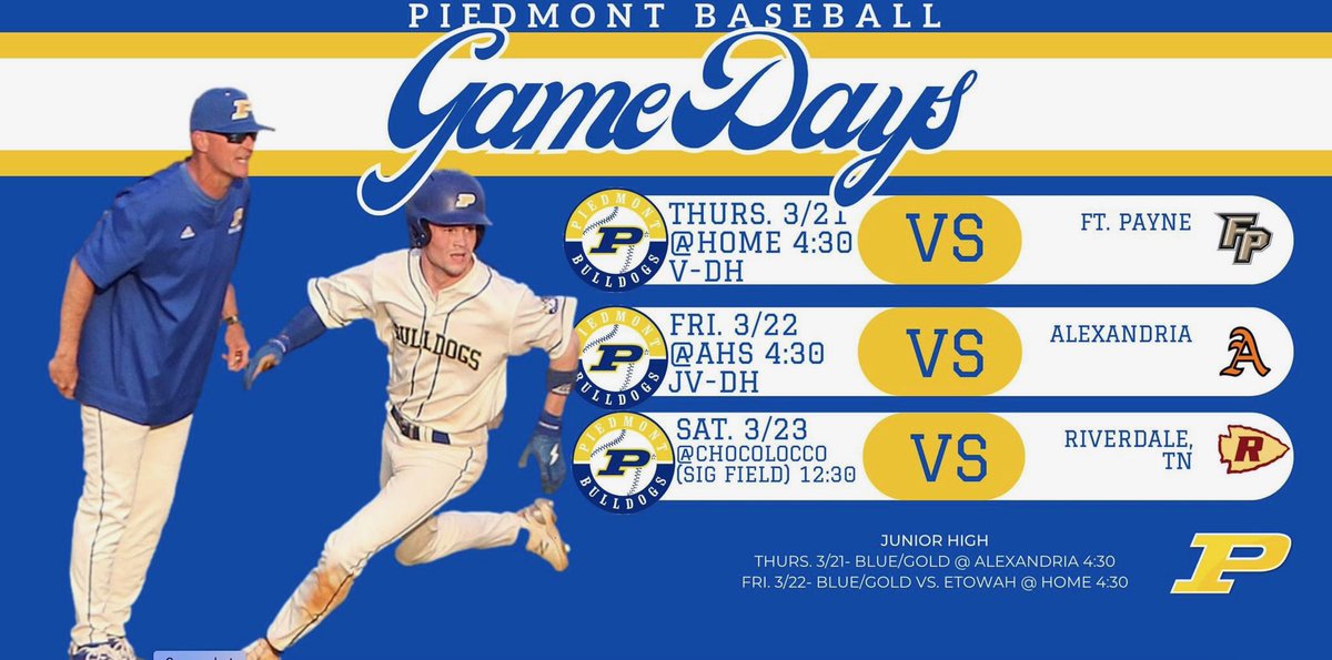 phsbaseball_16's tweet photo. This week’s Spring Break Schedule for the @PiedmontHS @PiedmntMdSchool ⚾️Teams https://t.co/1OaFjGhF7l