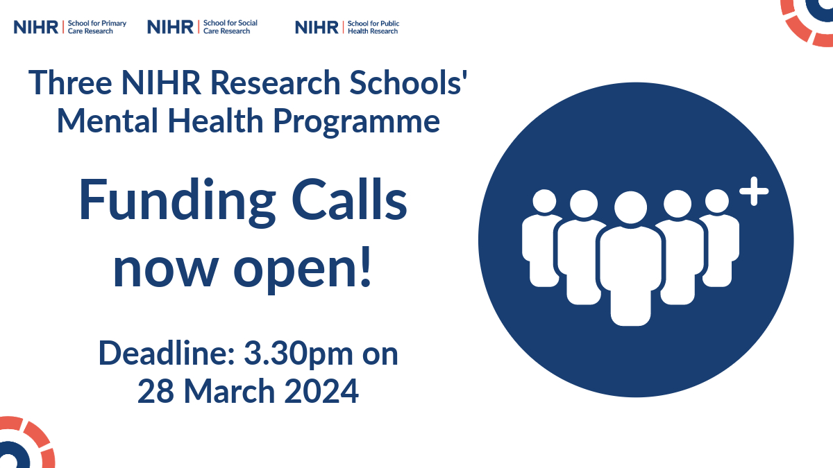 The Phase 2 Three NIHR Research Schools' Mental Health Programme funding opportunities are currently open. Deadline at 3.30pm on 28 March 2024. Find out more: spcr.nihr.ac.uk/Three-Schools/… @Ashmore2009 @NIHRSPHR @NIHRSSCR @NIHRcommunity @NIHRresearch