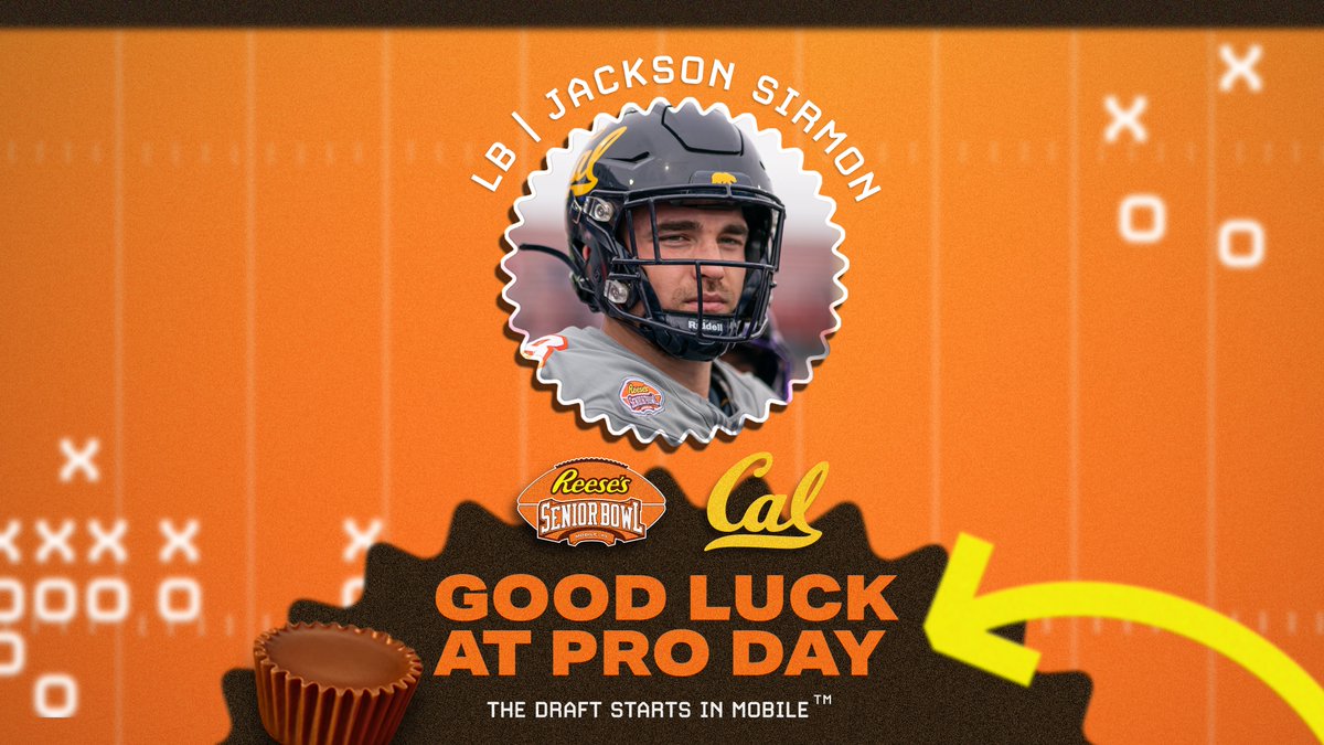 Good luck at #ProDay to Senior Bowl alum @CalFootball LB @jackson_sirmon #GoBears #TheDraftStartsInMOBILE™️