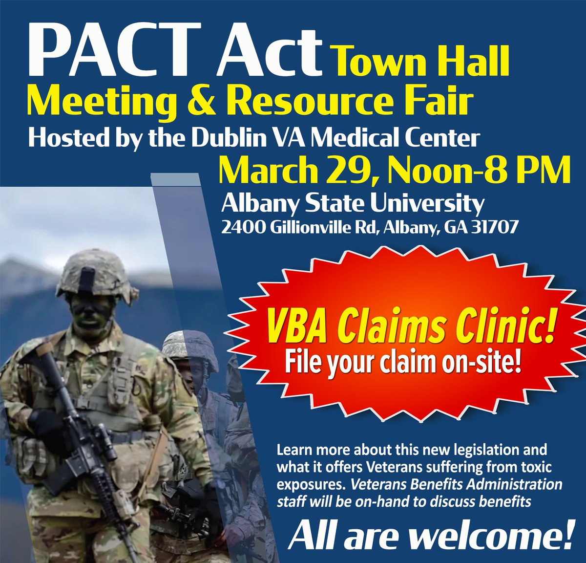 The Dublin VA Medical Center is hosting a town hall meeting, resources fair, & Veterans Benefits Administration claims clinic on Fri., Mar. 29, 12pm-8pm @ Albany State University. Learn more about benefits made possible by the Honoring Our PACT Act which I supported in Congress.