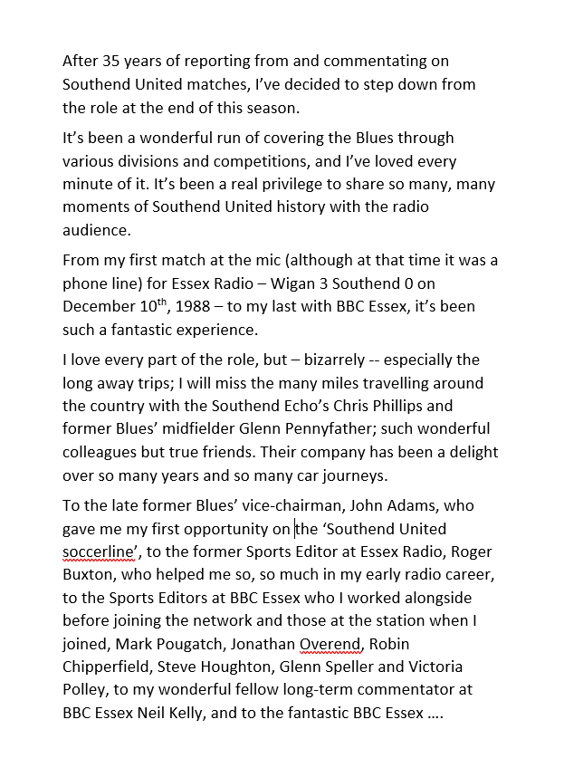 BBCNick's tweet photo. FYI - 

After 35 years of reporting from and commentating on Southend United matches, I’ve decided to step down from the role at the end of this season.

Although this is entirely my decision, I shall miss commentating on the Blues' matches terribly.

⚽️⚽️📻📻 https://t.co/ORRI6IWKcc