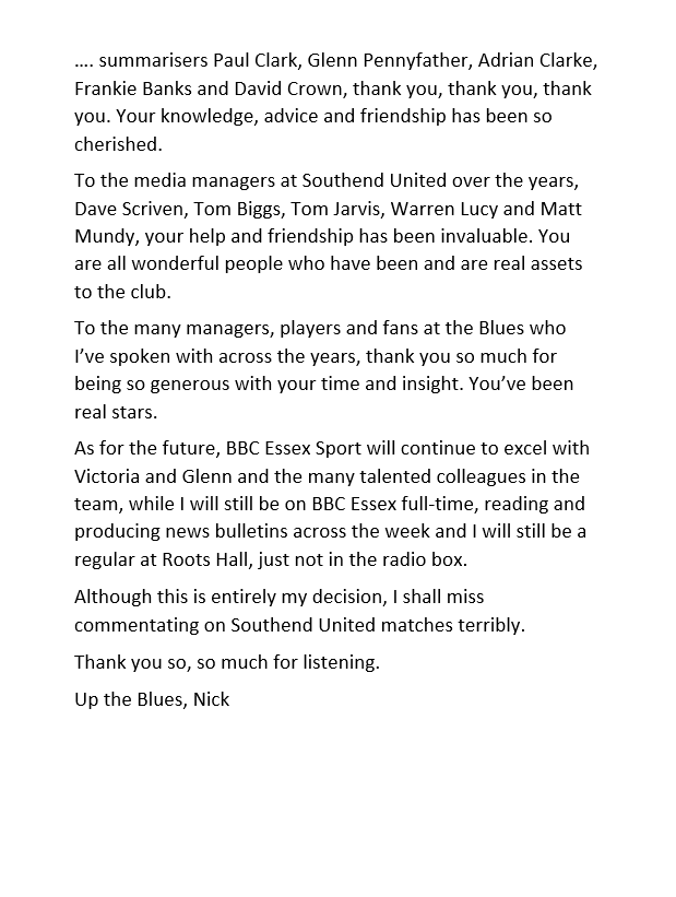 BBCNick's tweet photo. FYI - 

After 35 years of reporting from and commentating on Southend United matches, I’ve decided to step down from the role at the end of this season.

Although this is entirely my decision, I shall miss commentating on the Blues' matches terribly.

⚽️⚽️📻📻 https://t.co/ORRI6IWKcc