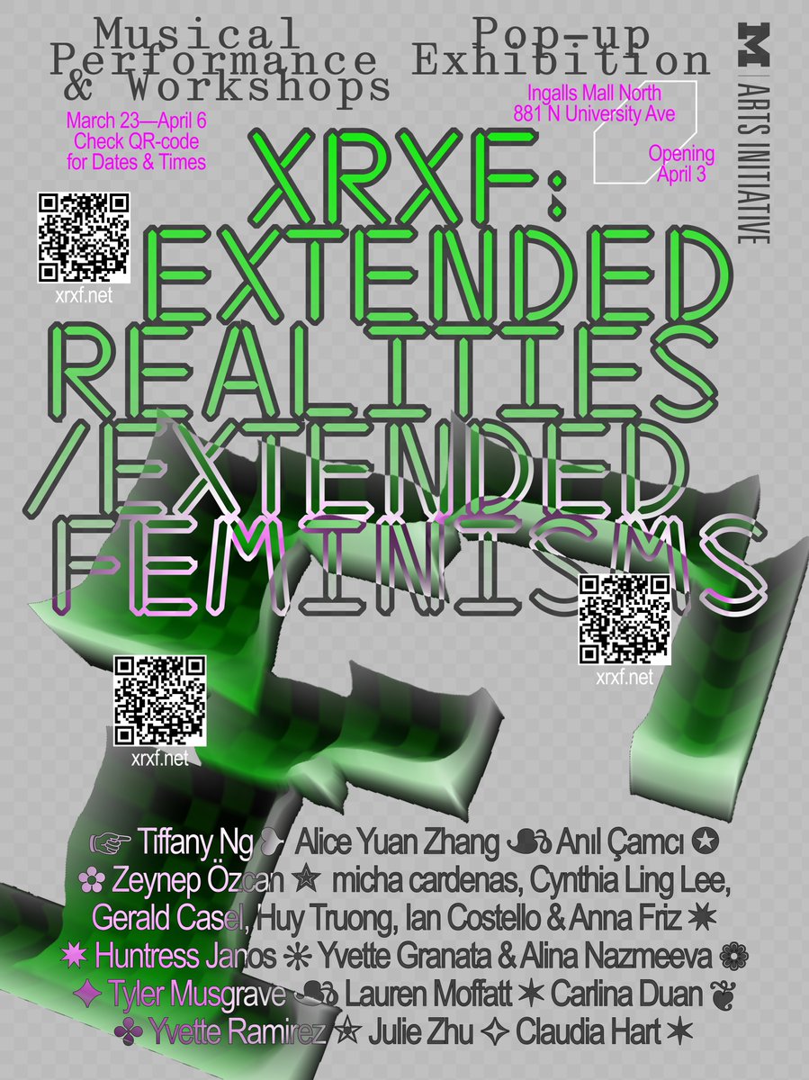 Curated by Alina Nazmeeva and @EvieYv, 'Extended Realities, Extended Feminisms' digitally reconstructs Ann Arbor through feminist means and XR with a pop-up exhibition, music, performances, and workshops during the first two weeks of April 🔗xrxf.net