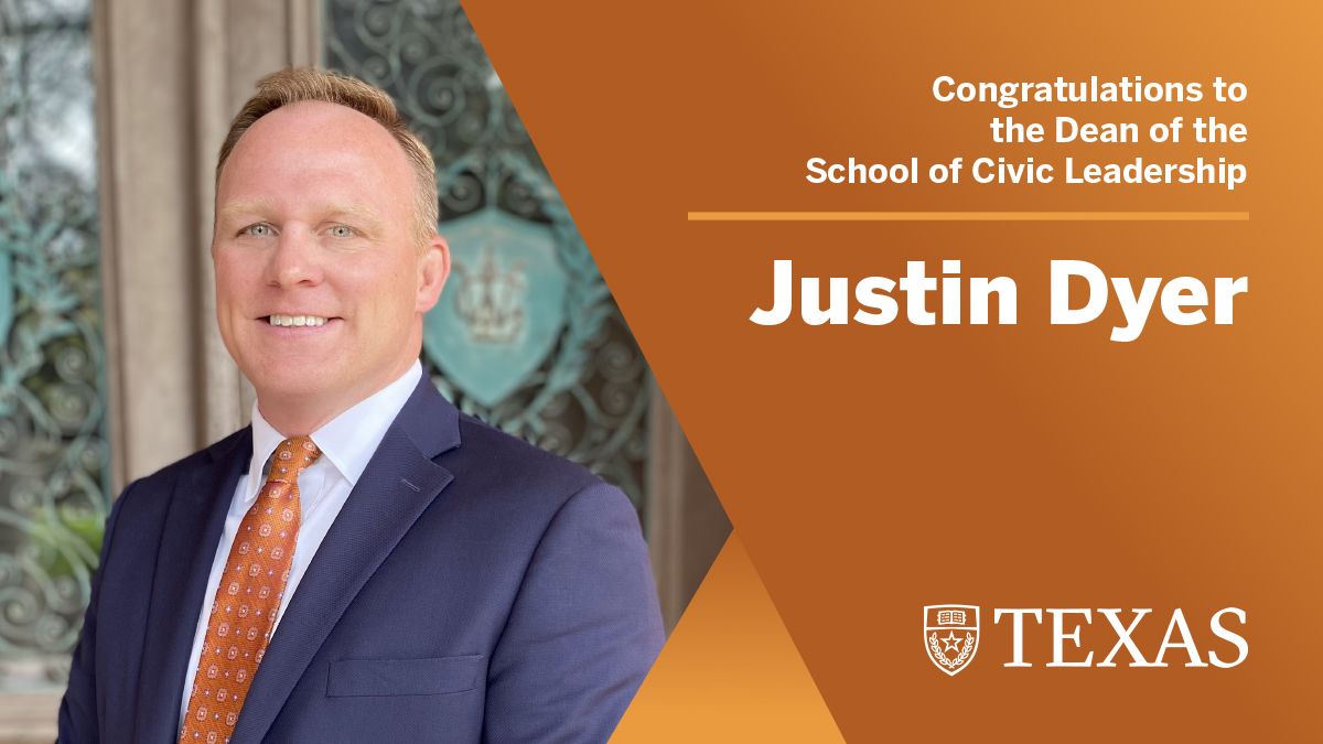 I am excited to announce Justin Dyer, PhD, as the inaugural Dean of the School of Civic Leadership! Justin is a strong academic leader and I am thrilled to continue working with him as we build the school into a world-class institution. 

utex.as/3ToHySx || @UT_Civitas