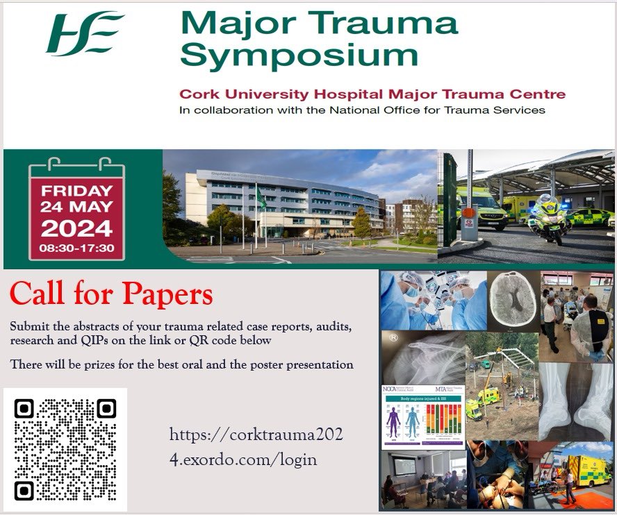 Trauma Care Ireland (@traumacareirl) on Twitter photo In advance of the Major Trauma Symposium at <a href="/CUH_Cork/">Cork University Hospitals</a> remember to submit your abstracts of your trauma related case, reports, audits, research and QIP’s before the 15th April here:
corktrauma2024.exordo.com In advance of the Major Trauma Symposium at <a href="/CUH_Cork/">Cork University Hospitals</a> remember to submit your abstracts of your trauma related case, reports, audits, research and QIP’s before the 15th April here:
corktrauma2024.exordo.com