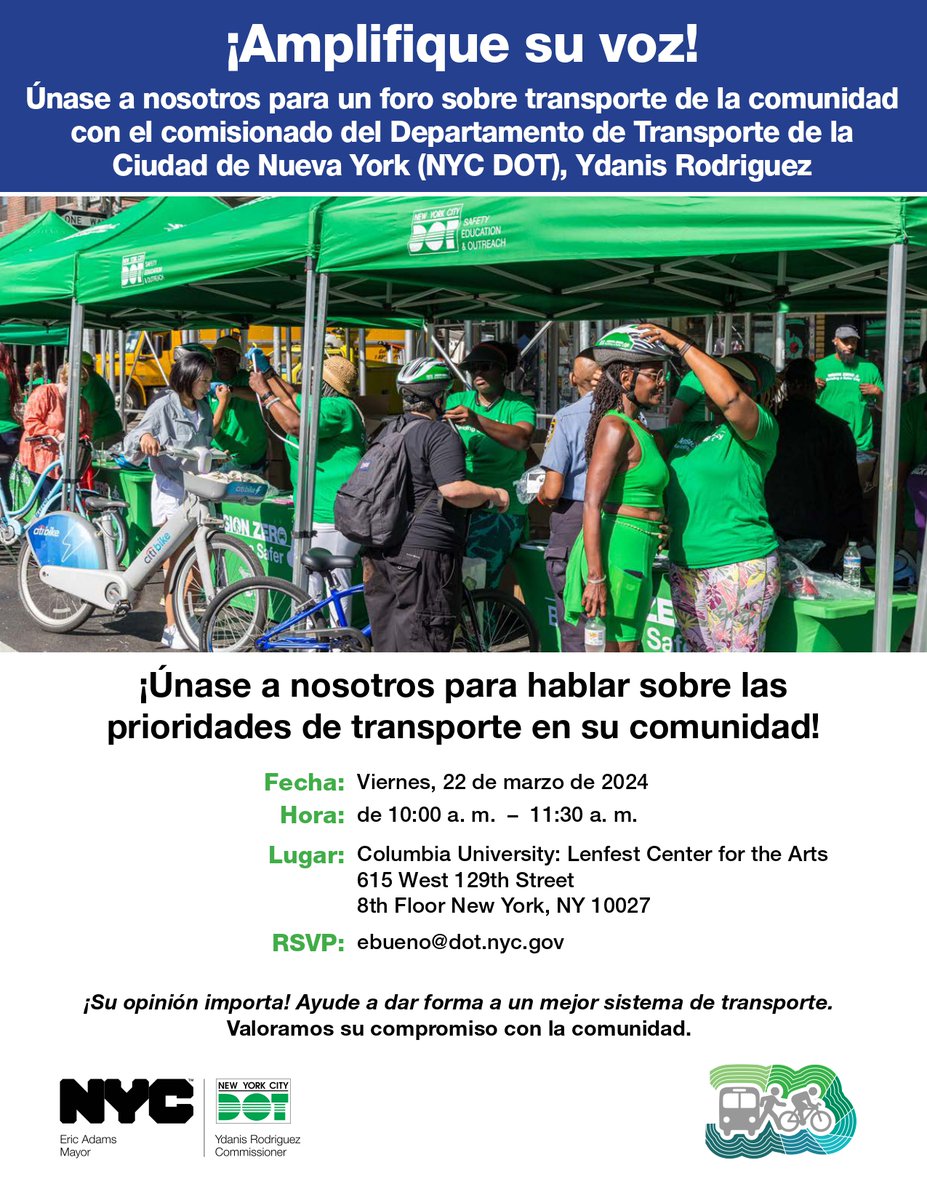 Be a part of the conversation on NYC's transportation system! 🚌 Don't miss the community engagement forum tomorrow at 10 am with NYC DOT Commissioner Ydanis Rodriguez to discuss transportation priorities in CB9 and CB10 at Columbia's Lenfest Center for the Arts. More Info ⬇️